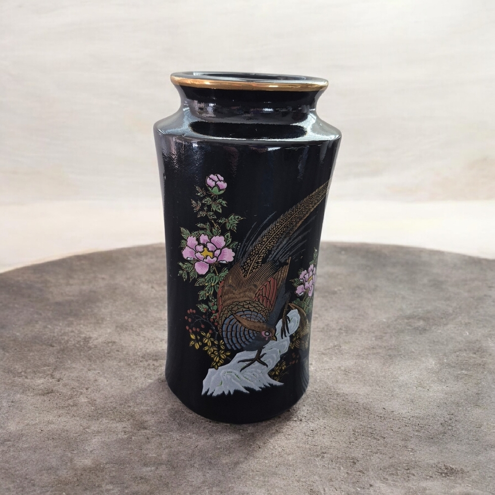 Japanese Black Vase with Floral and Bird Design - Picture 7 of 7